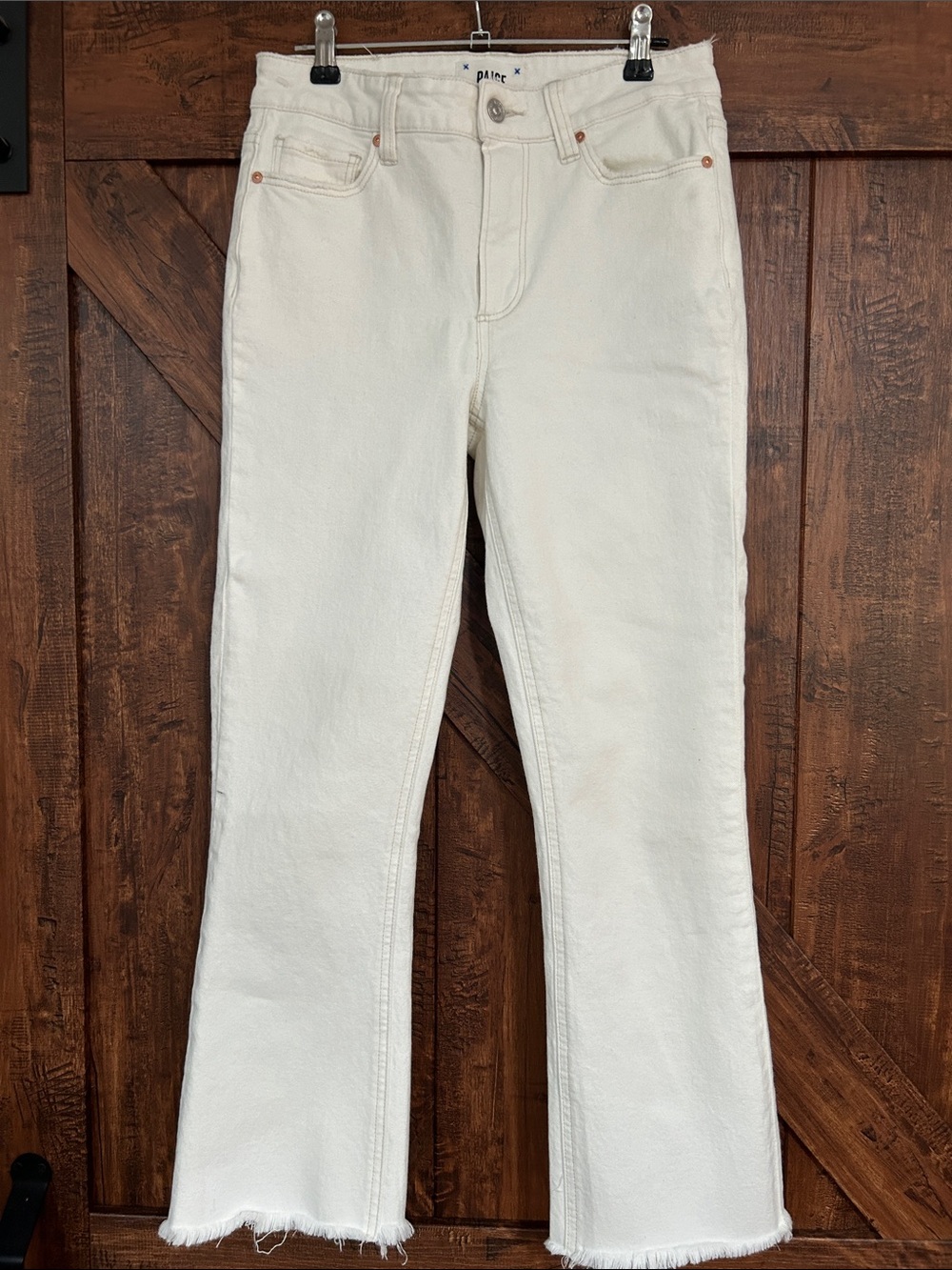 PAIGE Off-White High-Rise Flare Jeans with Raw Hem